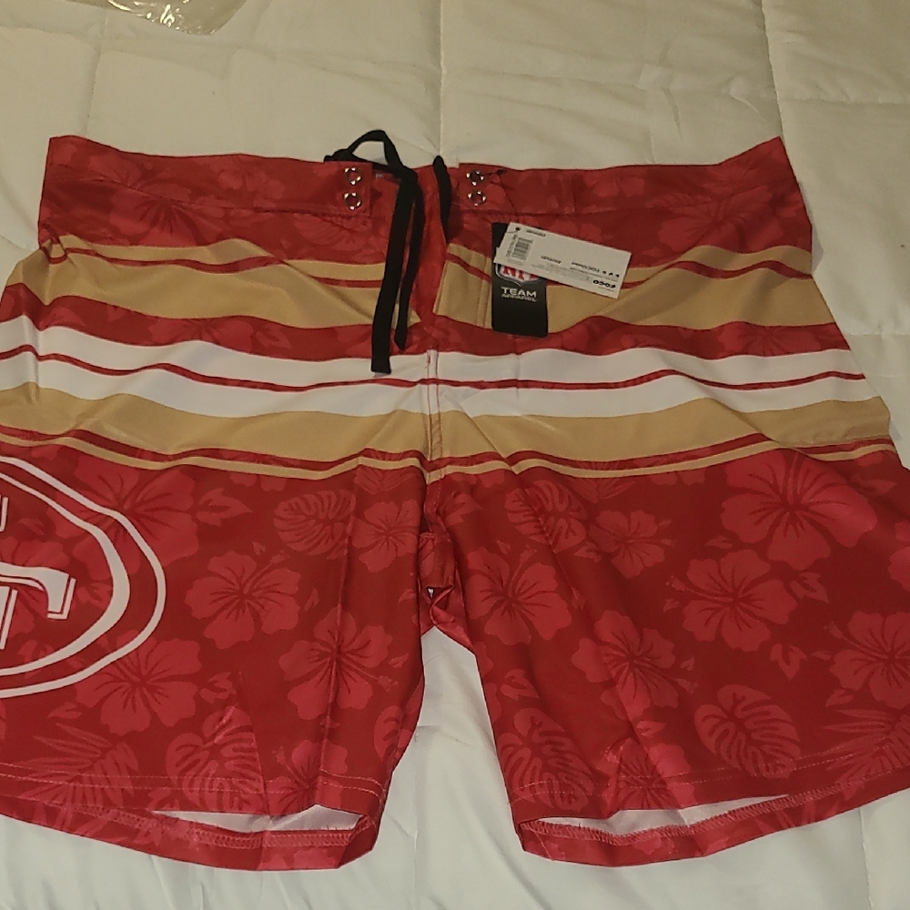 FOCO Red Floral Board Shorts With Forty Niners Logo